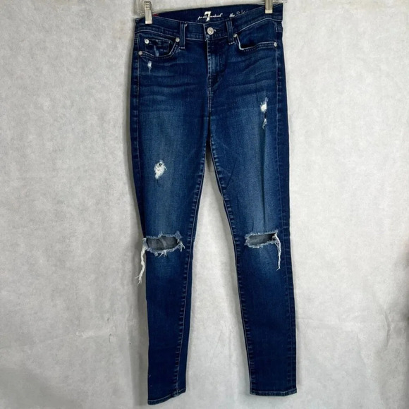 7 For All Mankind Destructed Dark Wash The Skinny Denim Jeans Sz‎ 26 - Picture 10 of 10